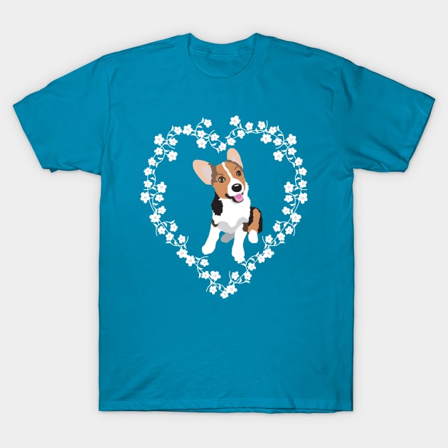 Corgi Puppy Cherry Blossom Heart T-Shirt by HotPinkStudio.Me